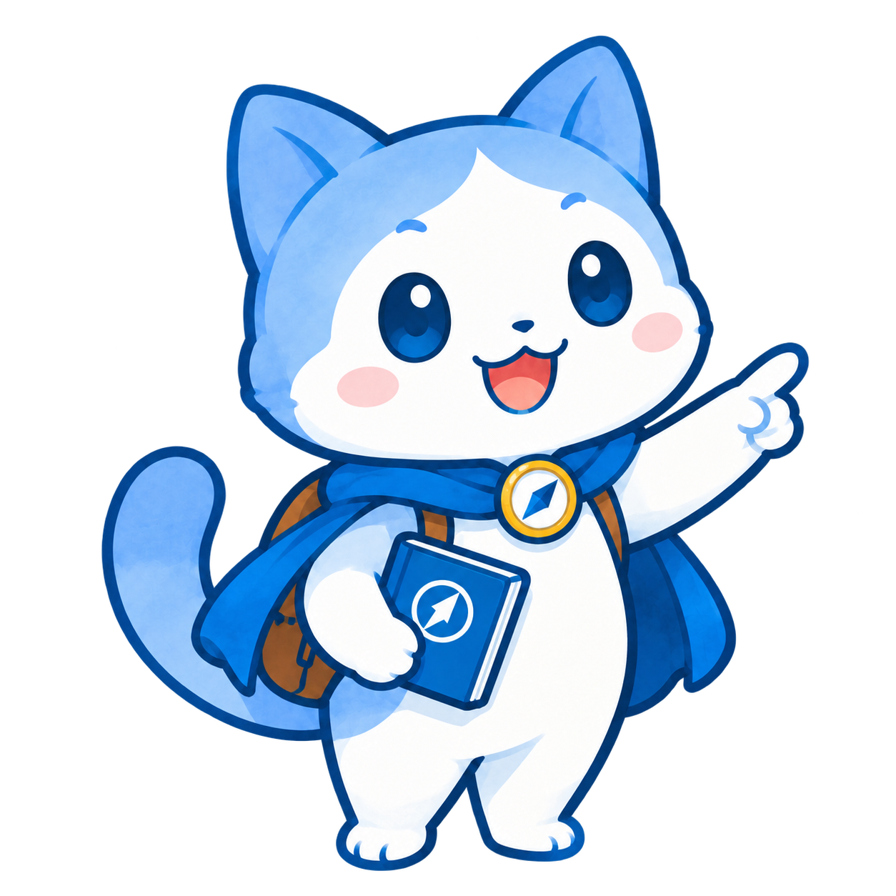 コンパスと本を持って学びを案内する、青いネコのみちしるべにゃん
